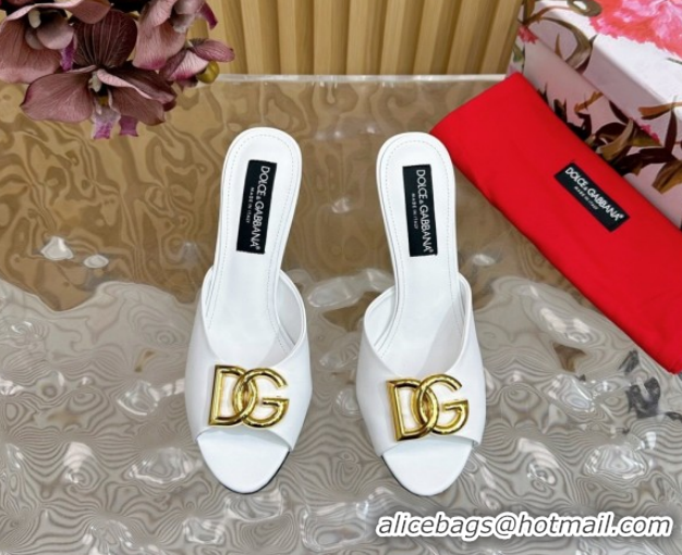 Charming Dolce & Gabbana Calfskin Leather Heel Slides Sandal 10cm with DG Logo DG121103 White 2026