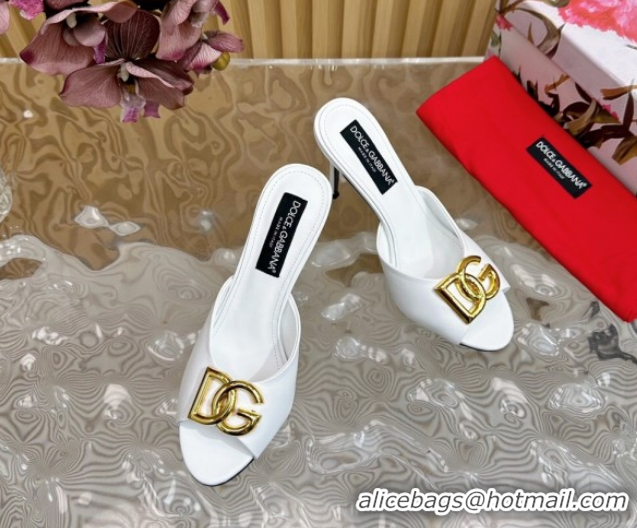 Charming Dolce & Gabbana Calfskin Leather Heel Slides Sandal 10cm with DG Logo DG121103 White 2026