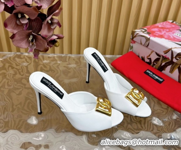 Charming Dolce & Gabbana Calfskin Leather Heel Slides Sandal 10cm with DG Logo DG121103 White 2026