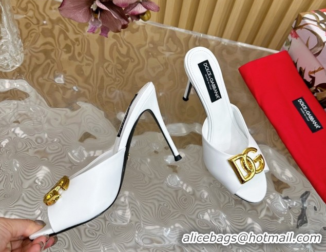 Charming Dolce & Gabbana Calfskin Leather Heel Slides Sandal 10cm with DG Logo DG121103 White 2026