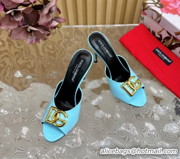 Shop Duplicate Luxury Dolce & Gabbana Patent Leather Heel Slides Sandal 10cm with DG Logo DG121103 Light Blue 2026