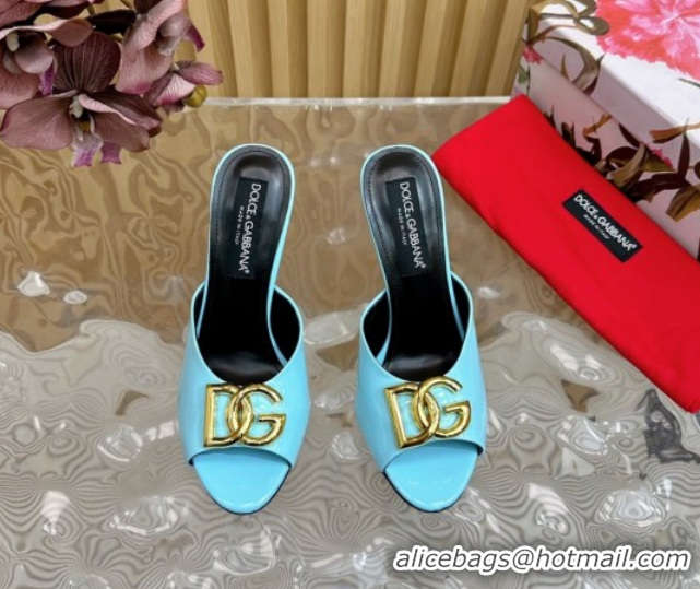 Shop Duplicate Luxury Dolce & Gabbana Patent Leather Heel Slides Sandal 10cm with DG Logo DG121103 Light Blue 2026