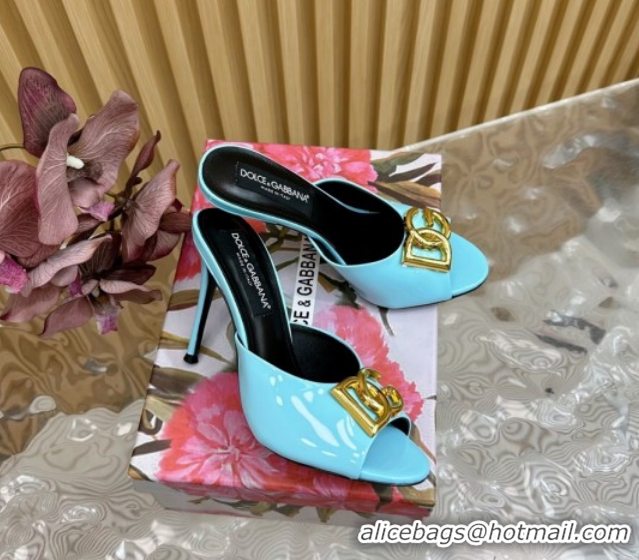 Shop Duplicate Luxury Dolce & Gabbana Patent Leather Heel Slides Sandal 10cm with DG Logo DG121103 Light Blue 2026