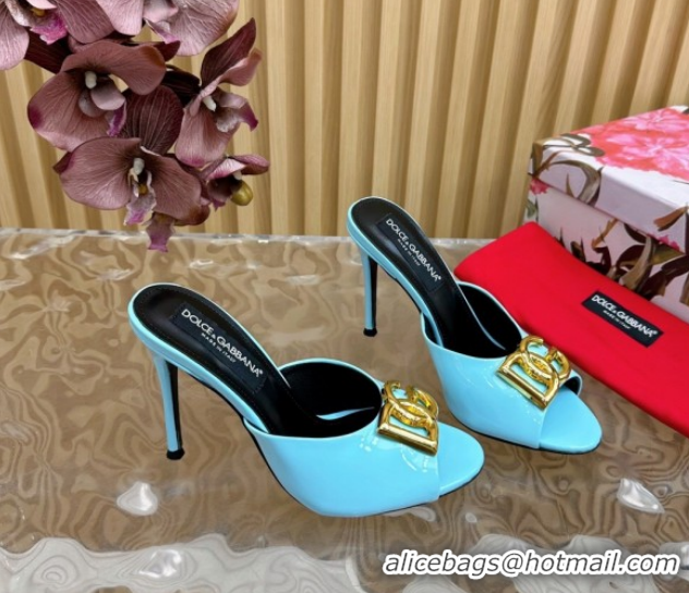 Shop Duplicate Luxury Dolce & Gabbana Patent Leather Heel Slides Sandal 10cm with DG Logo DG121103 Light Blue 2026