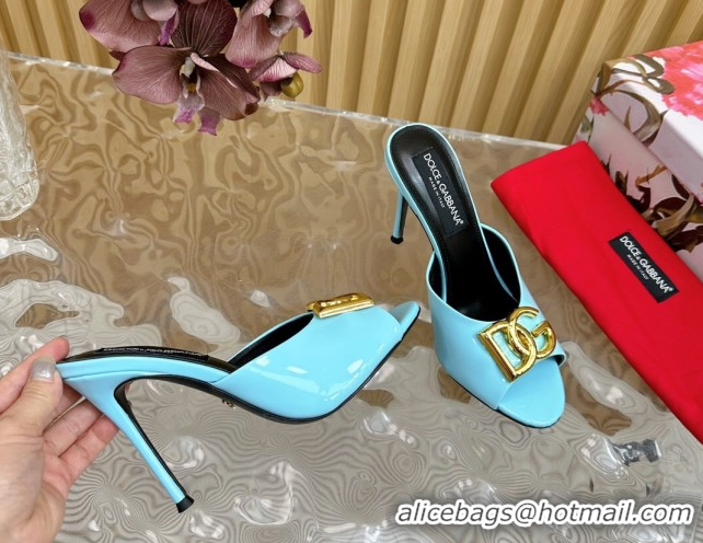 Shop Duplicate Luxury Dolce & Gabbana Patent Leather Heel Slides Sandal 10cm with DG Logo DG121103 Light Blue 2026