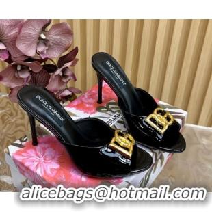 Shop Duplicate Dolce & Gabbana Patent Leather Heel Slides Sandal 10cm with DG Logo DG121103 Black 2026