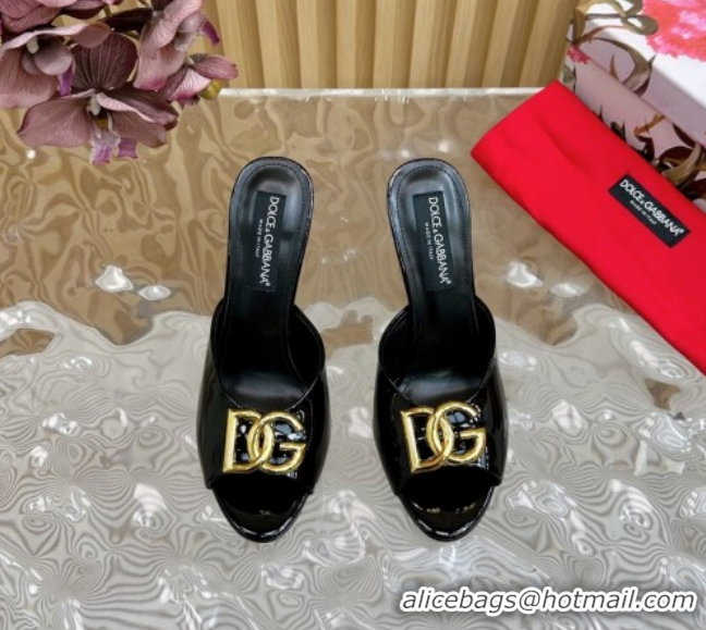 Shop Duplicate Dolce & Gabbana Patent Leather Heel Slides Sandal 10cm with DG Logo DG121103 Black 2026