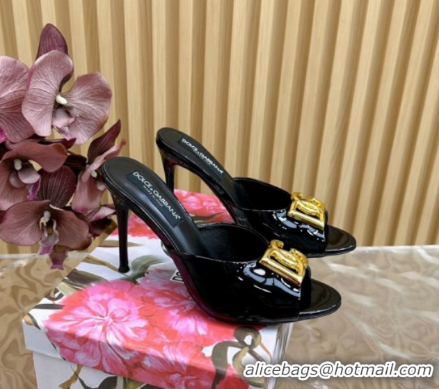 Shop Duplicate Dolce & Gabbana Patent Leather Heel Slides Sandal 10cm with DG Logo DG121103 Black 2026
