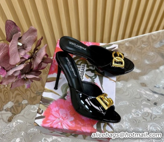 Shop Duplicate Dolce & Gabbana Patent Leather Heel Slides Sandal 10cm with DG Logo DG121103 Black 2026