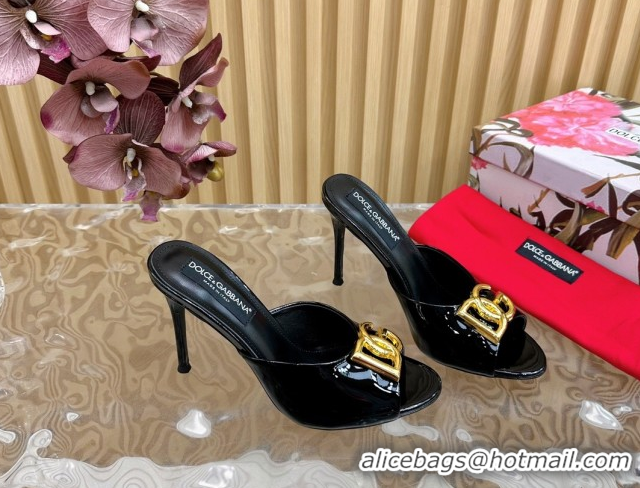 Shop Duplicate Dolce & Gabbana Patent Leather Heel Slides Sandal 10cm with DG Logo DG121103 Black 2026