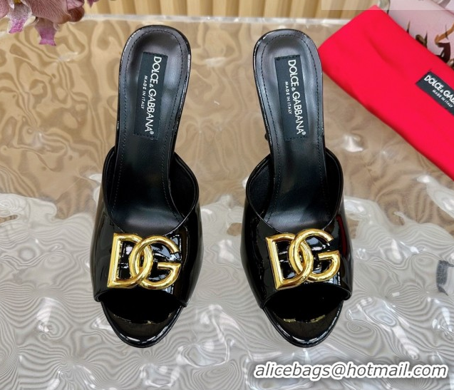 Shop Duplicate Dolce & Gabbana Patent Leather Heel Slides Sandal 10cm with DG Logo DG121103 Black 2026