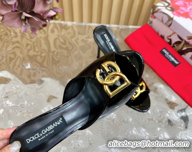 Shop Duplicate Dolce & Gabbana Patent Leather Heel Slides Sandal 10cm with DG Logo DG121103 Black 2026
