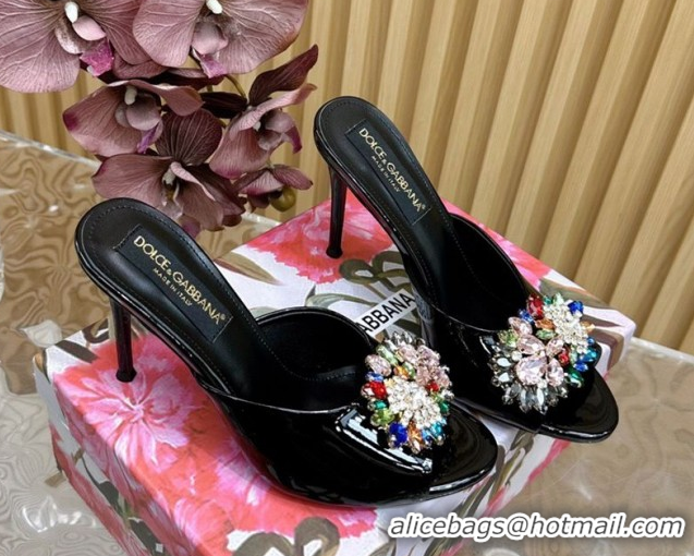 Popular Style Dolce & Gabbana Patent Leather Heel Slides Sandal 10cm with Strass DG121104 Black 2026