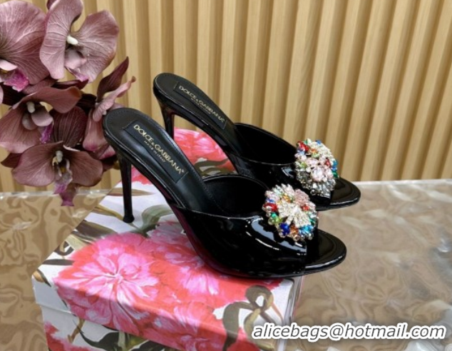 Popular Style Dolce & Gabbana Patent Leather Heel Slides Sandal 10cm with Strass DG121104 Black 2026