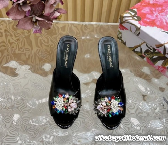 Popular Style Dolce & Gabbana Patent Leather Heel Slides Sandal 10cm with Strass DG121104 Black 2026