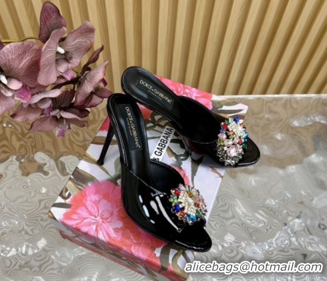 Popular Style Dolce & Gabbana Patent Leather Heel Slides Sandal 10cm with Strass DG121104 Black 2026