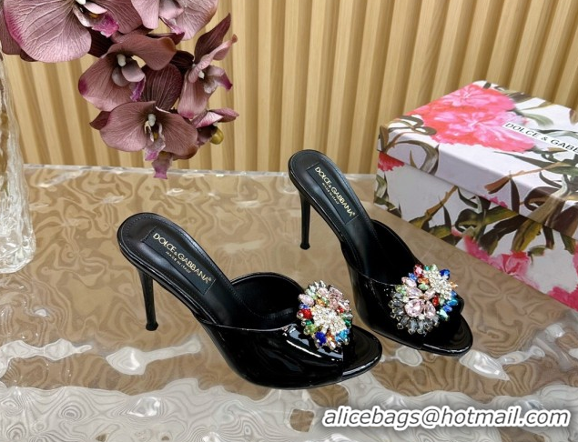 Popular Style Dolce & Gabbana Patent Leather Heel Slides Sandal 10cm with Strass DG121104 Black 2026