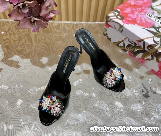 Popular Style Dolce & Gabbana Patent Leather Heel Slides Sandal 10cm with Strass DG121104 Black 2026