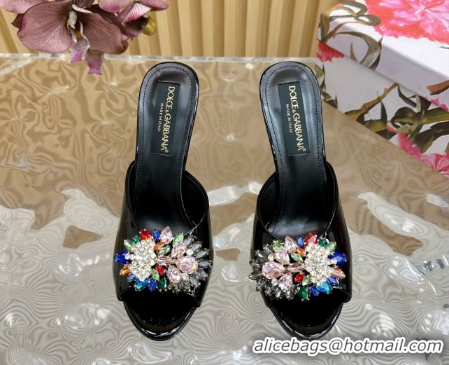 Popular Style Dolce & Gabbana Patent Leather Heel Slides Sandal 10cm with Strass DG121104 Black 2026
