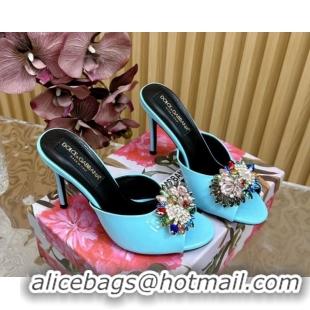 Top Design Dolce & Gabbana Patent Leather Heel Slides Sandal 10cm with Strass DG121104 Light Blue 2026