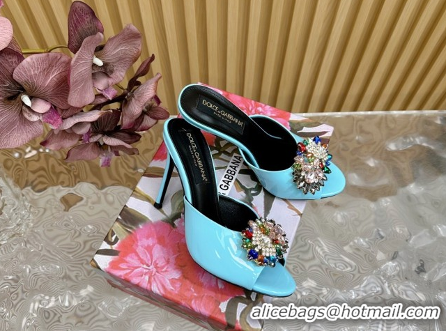 Top Design Dolce & Gabbana Patent Leather Heel Slides Sandal 10cm with Strass DG121104 Light Blue 2026