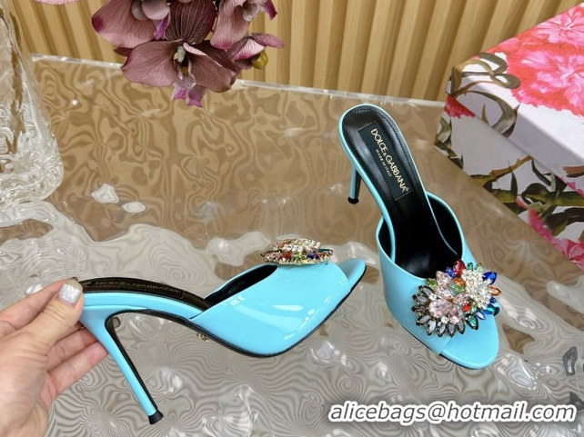Top Design Dolce & Gabbana Patent Leather Heel Slides Sandal 10cm with Strass DG121104 Light Blue 2026