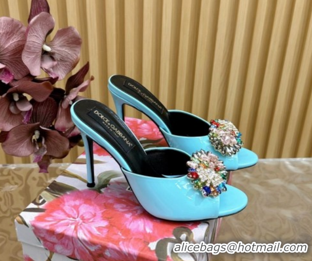 Top Design Dolce & Gabbana Patent Leather Heel Slides Sandal 10cm with Strass DG121104 Light Blue 2026