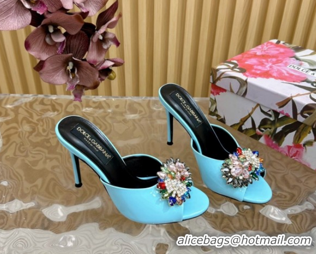 Top Design Dolce & Gabbana Patent Leather Heel Slides Sandal 10cm with Strass DG121104 Light Blue 2026