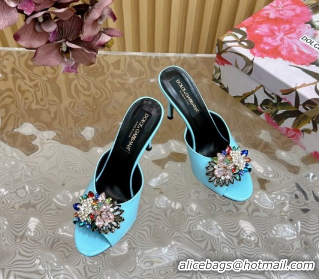 Top Design Dolce & Gabbana Patent Leather Heel Slides Sandal 10cm with Strass DG121104 Light Blue 2026