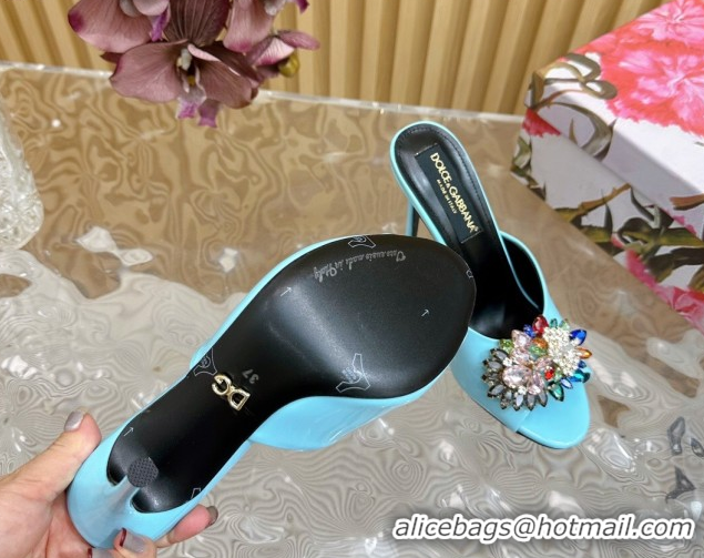 Top Design Dolce & Gabbana Patent Leather Heel Slides Sandal 10cm with Strass DG121104 Light Blue 2026
