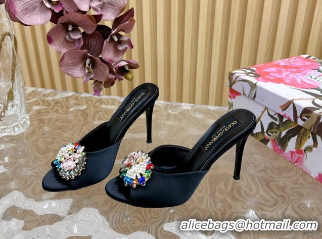 Lower Price Dolce & Gabbana Satin Heel Slides Sandal 10cm with Strass DG121104 Black 2026