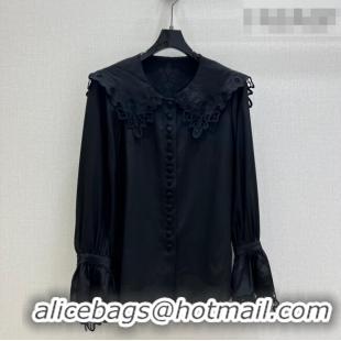 Luxury Discount Miu Miu Silk Shirt with Lace Trim MM011306 Black 2026