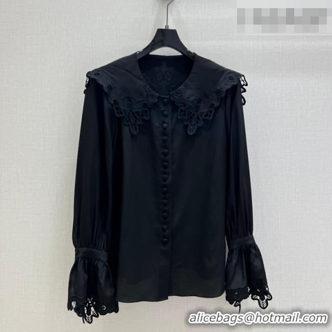 Luxury Discount Miu Miu Silk Shirt with Lace Trim MM011306 Black 2026