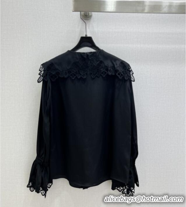 Luxury Discount Miu Miu Silk Shirt with Lace Trim MM011306 Black 2026
