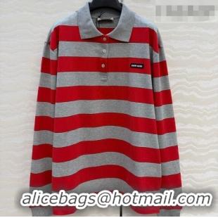 Big Discount Miu Miu Cotton Striped Polo Shirt MM011319 Grey/Red 2026