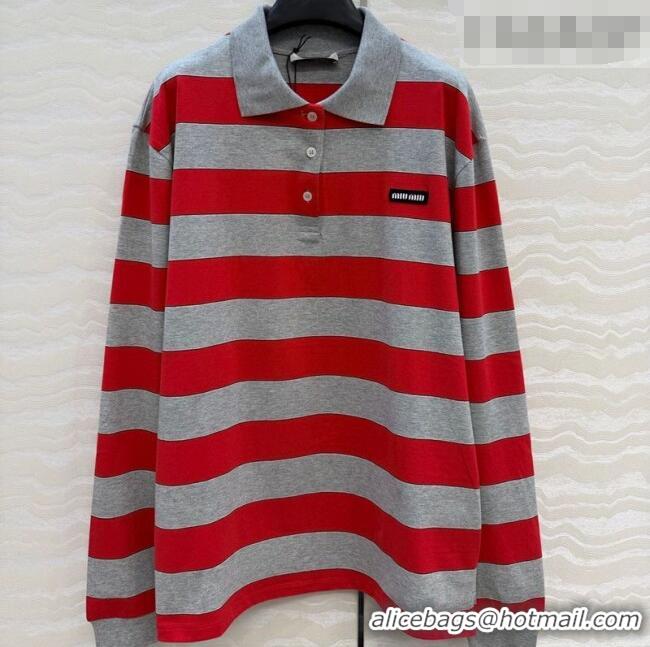 Big Discount Miu Miu Cotton Striped Polo Shirt MM011319 Grey/Red 2026