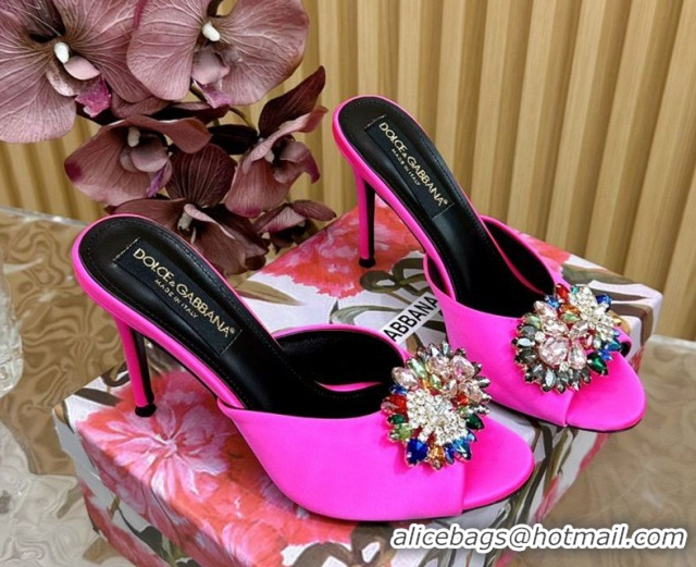 New Cheap Dolce & Gabbana Satin Heel Slides Sandal 10cm with Strass DG121104 Dark Pink 2026