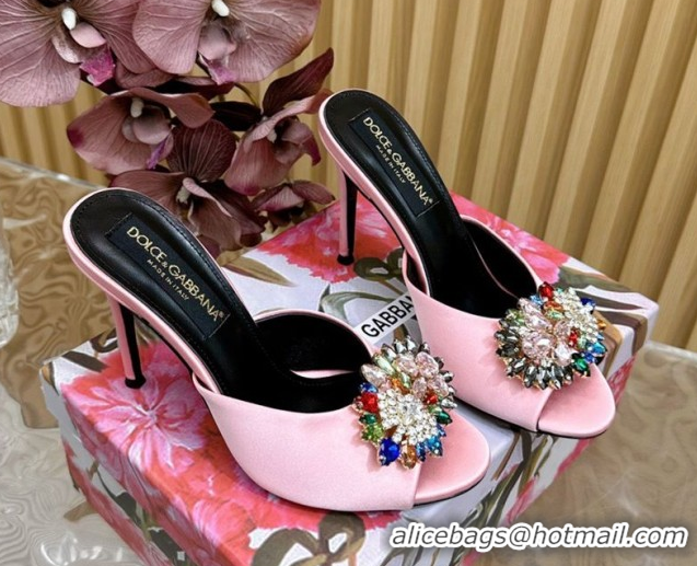 Perfect Dolce & Gabbana Satin Heel Slides Sandal 10cm with Strass DG121104 Light Pink 2026