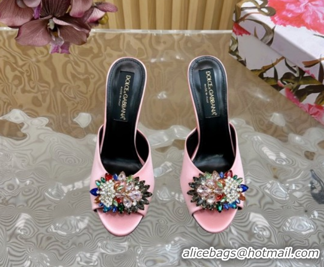 Perfect Dolce & Gabbana Satin Heel Slides Sandal 10cm with Strass DG121104 Light Pink 2026