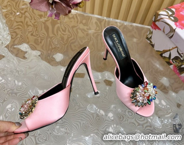 Perfect Dolce & Gabbana Satin Heel Slides Sandal 10cm with Strass DG121104 Light Pink 2026