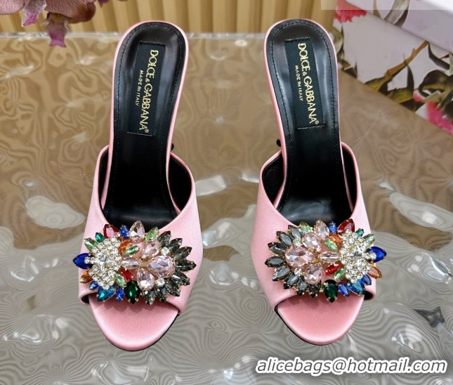 Perfect Dolce & Gabbana Satin Heel Slides Sandal 10cm with Strass DG121104 Light Pink 2026