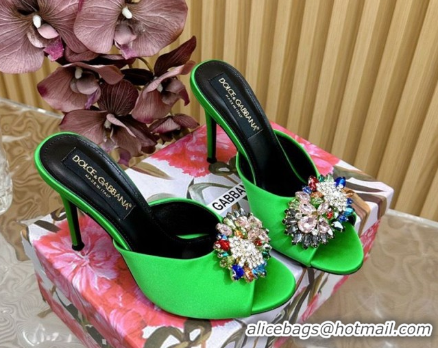 Top Grade Dolce & Gabbana Satin Heel Slides Sandal 10cm with Strass DG121104 Green 2026
