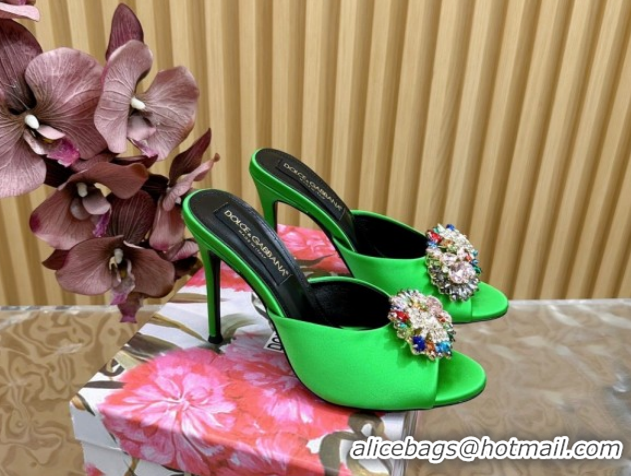 Top Grade Dolce & Gabbana Satin Heel Slides Sandal 10cm with Strass DG121104 Green 2026