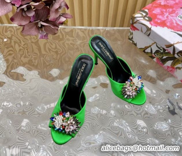Top Grade Dolce & Gabbana Satin Heel Slides Sandal 10cm with Strass DG121104 Green 2026