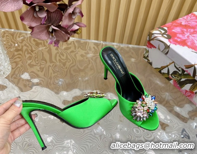 Top Grade Dolce & Gabbana Satin Heel Slides Sandal 10cm with Strass DG121104 Green 2026