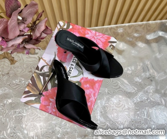 Good Quality Dolce & Gabbana Black Satin Heel Slides Sandal 10cm with Cross Strap DG121105 1211094 2026