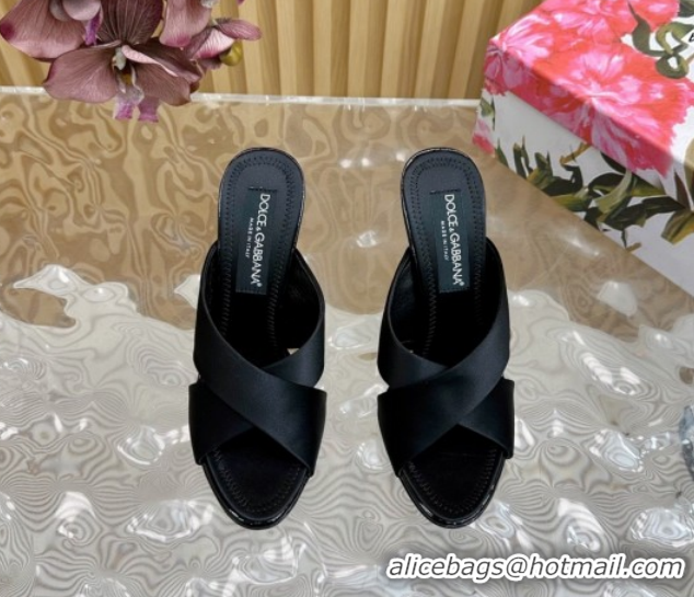 Good Quality Dolce & Gabbana Black Satin Heel Slides Sandal 10cm with Cross Strap DG121105 1211094 2026