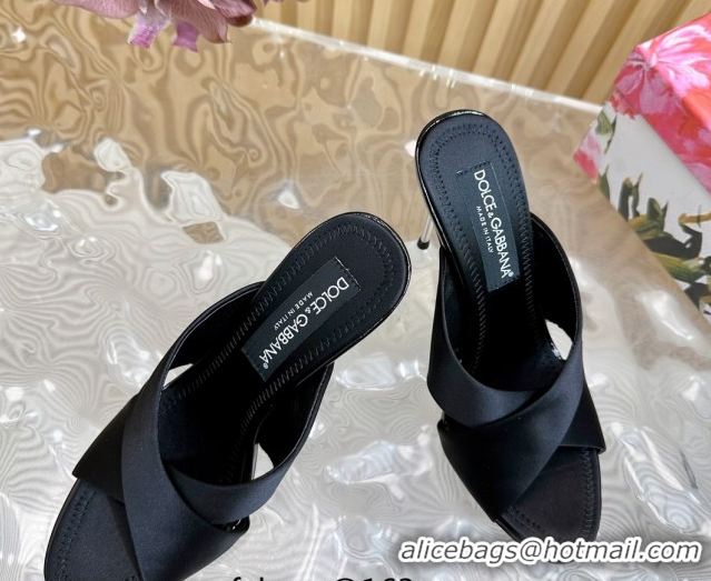 Good Quality Dolce & Gabbana Black Satin Heel Slides Sandal 10cm with Cross Strap DG121105 1211094 2026