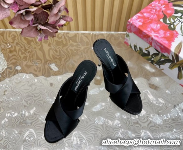 Good Quality Dolce & Gabbana Black Satin Heel Slides Sandal 10cm with Cross Strap DG121105 1211094 2026