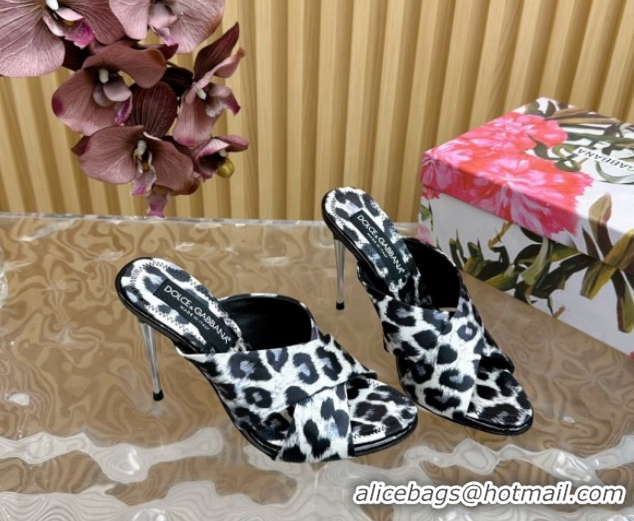 Best Product Dolce & Gabbana Leopard-print Satin Heel Slides Sandal 10cm with Cross Strap DG121105 White/Black 2026